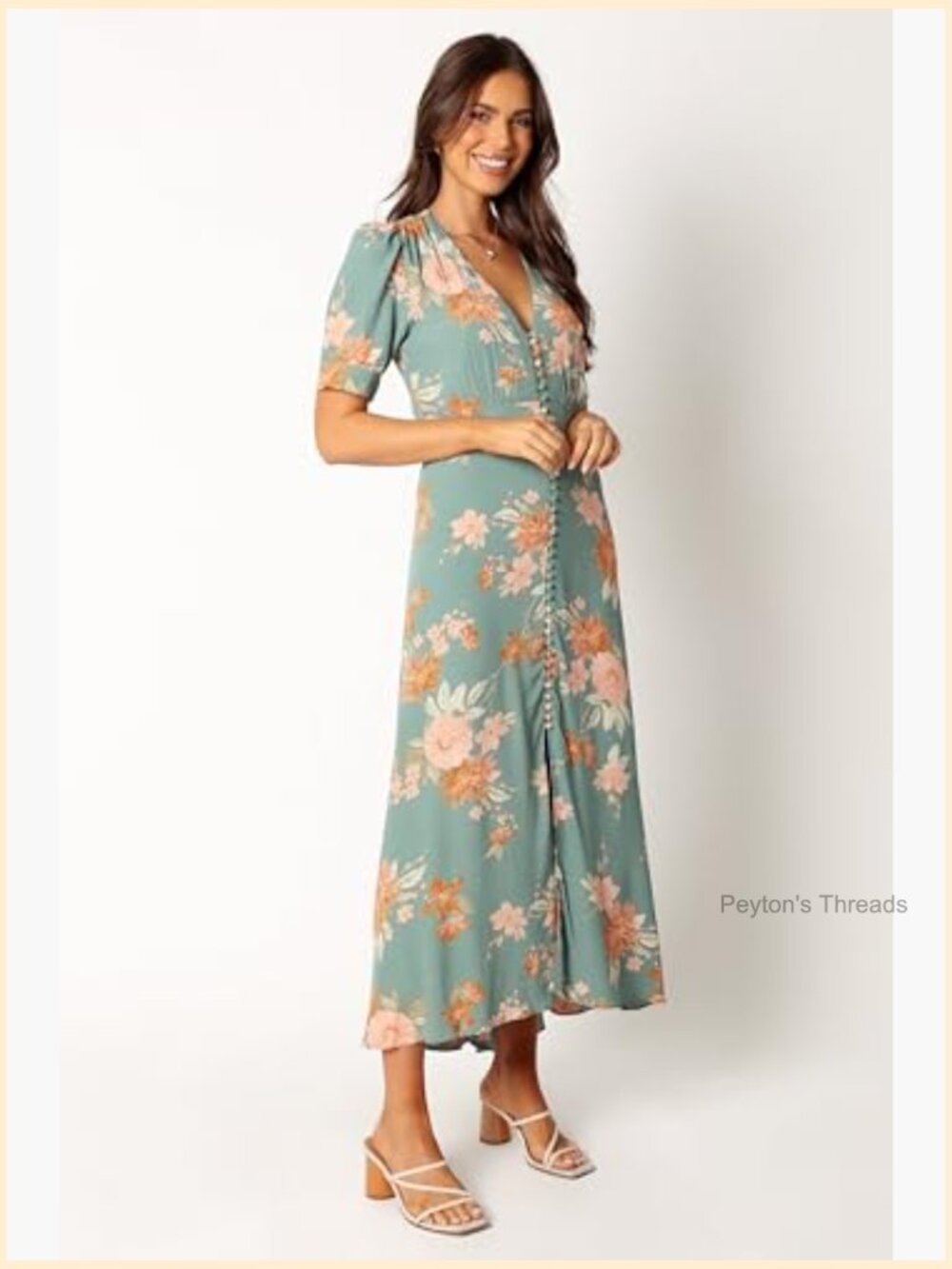 Midi A-Line Dress with V-Neck, Short Sleeves, Front Buttons, Side Split - Picture 5 of 7